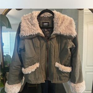 B. Moss Olive Utility Jacket with Cream Faux Fur